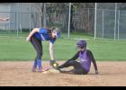 Shortstop Anna Accola tried to tag out a Durand runner on the steal at second base.