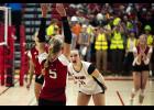 The W-K Falcons celebrate a kill by no. 5 Hailey Arens.   Photos by Sophie Horgan